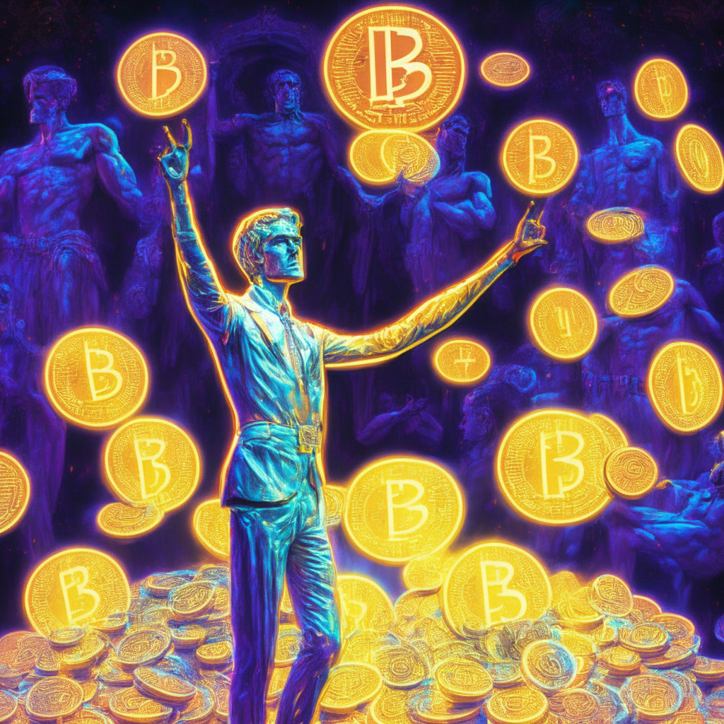 A vibrant, surreal interpretation of a politically charged scene. Focus on an allegorical figure representing Robert F Kennedy Jr. in a futuristic, digital arena, clutching shimmering coins with light emanating from them, each marked with a symbol representing Bitcoin, hinting at the strength and fortress-like qualities he associates with the currency. Around him, seven identical, futuristic figures of various ages stand, symbolizing his children eagerly awaiting to receive the coins. Add an aura of subtle controversy radiating from the political figure and the coins, to illustrate the potential conflict of interest. The mood should be ambiguous, a mix of optimism and caution, under a setting sun that casts long, conflicting shadows, representative of questions being raised about his intentions.
