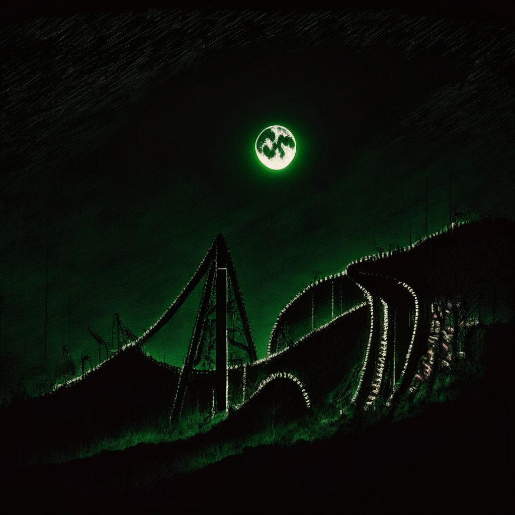 A dimly lit roller coaster ride at dusk, representing the tumultuous journey of XRP. The background features a faintly glowing moon, symbolizing the hope of loyal Ripple supporters. Streaks of red and green light trace the roller coaster’s path, capturing the token's price volatility. The scene is cast in a shadowy monochrome, eliciting an intense, dramatic mood.