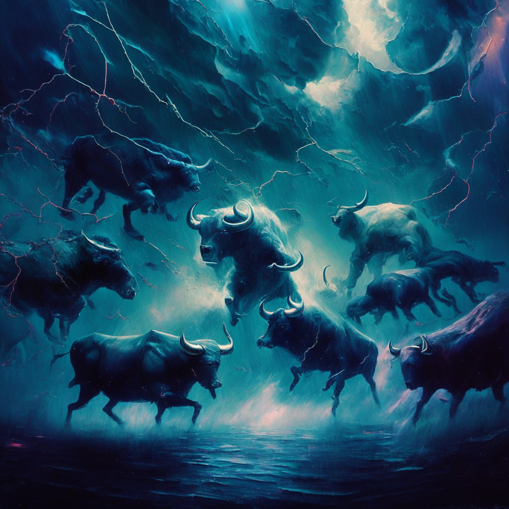 A complex dance of financial bulls & bears, marked by bright pulsating cryptos: Bitcoin, Ethereum, Binance Coin, Cardano, Solana, Litecoin. Each vying for dominance amidst a stormy abyss of uncertainty. Stark against an ethereal, cosmic backdrop, hinting the universe of possibilities. Style, reminiscent of an impressionist painting. Mood, tense, hopeful.