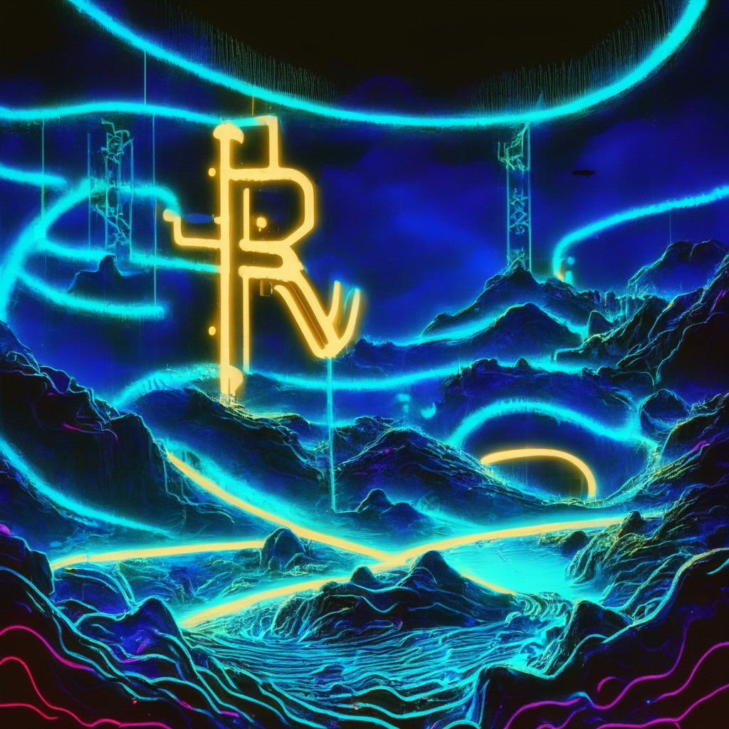 A thrilling rollercoaster ride through a neon lit crypto valley, reflecting fluctuations of XRP through large spikes and deep valleys. The atmosphere radiates suspense and uncertainty. An oversized dollar sign looms in the near distance, elusive yet tantalizing. Dancing around it, shadows of hefty whales, reflecting major financial players. The mood is a mix of exhilaration and apprehension, a flux of excitement and unease.