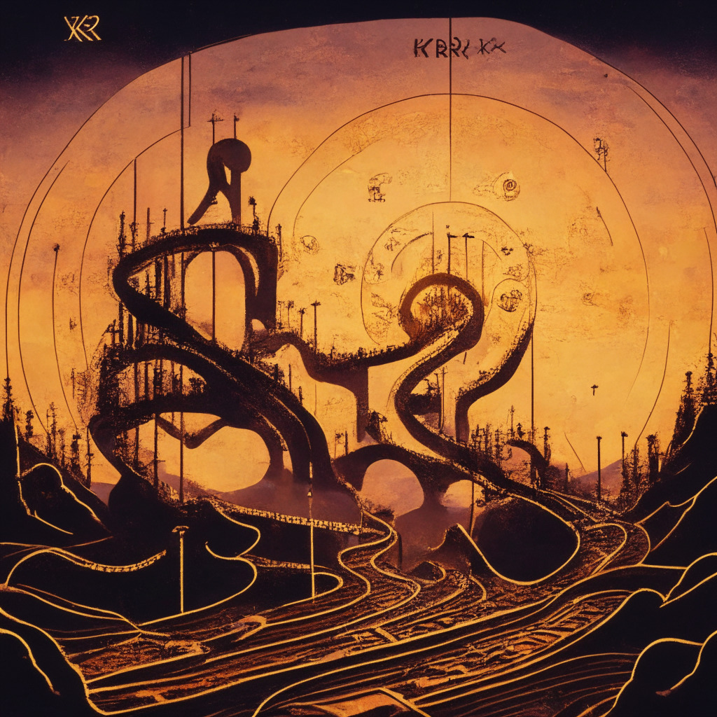 An intricate crypto universe scene during sunset, with a rollercoaster symbolizing XRP's fluctuation, ascending and descending tracks, with drop signifying rumors and a rise marking potential rallies. The track base for upcoming higher altitudes subtly represents the 30-day moving average. A subdued, melancholic color palette for impending patience, with hints of hopeful golden light indicating signs of optimism. Mood is a blend of suspense and anticipation.