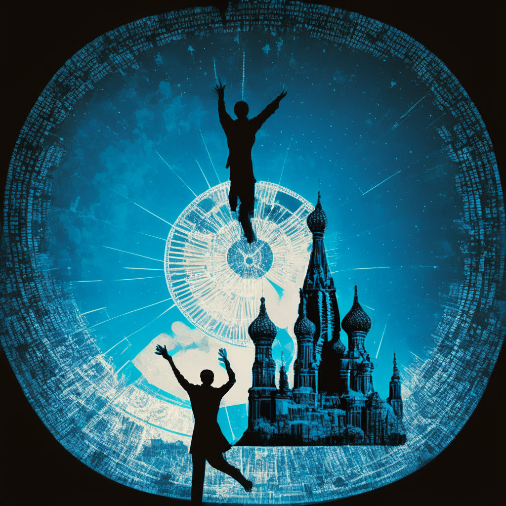 An abstract conceptual image of a digital ruble coin levitating on a silhouette of Russia map, figures of the people stretching their hands high in anticipation under a starry Moscow night sky, hint of a timepiece suggesting a 2025 timeline, the image hues mimicking cold, cybernetic, modern tone reflecting anticipation and urgency.