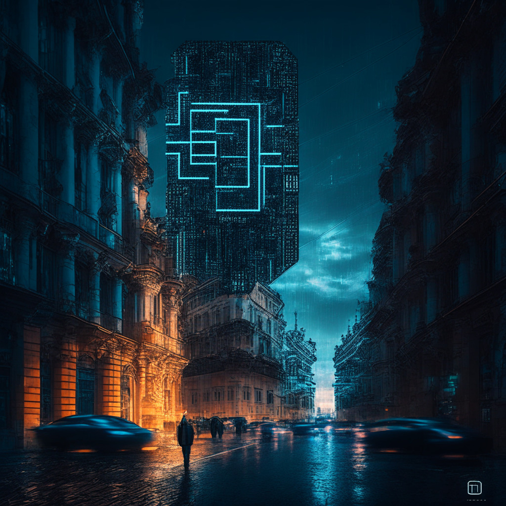 Twilight scene in St. Petersburg streets, resonating an air of anticipation and change. A digital ruble symbol displayed on a futuristic, translucent data panel, embodying emerging CBDC technology. Patchwork of blockchain symbols, a financial revolution in progress. Mood: dynamic, borderline dichotomy between tradition and innovation. Style: blend of realism and cyberpunk.