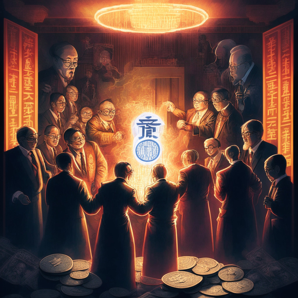 Artistic rendering of Russo-Chinese digital currency alliance, portraying leading political figures amidst intertwined currencies, bathed in a half-lit ambiance implies uncanny camaraderie, juxtaposed elements hinting at the power tussle, light beaming from an open door symbolizing new international trade possibilities.