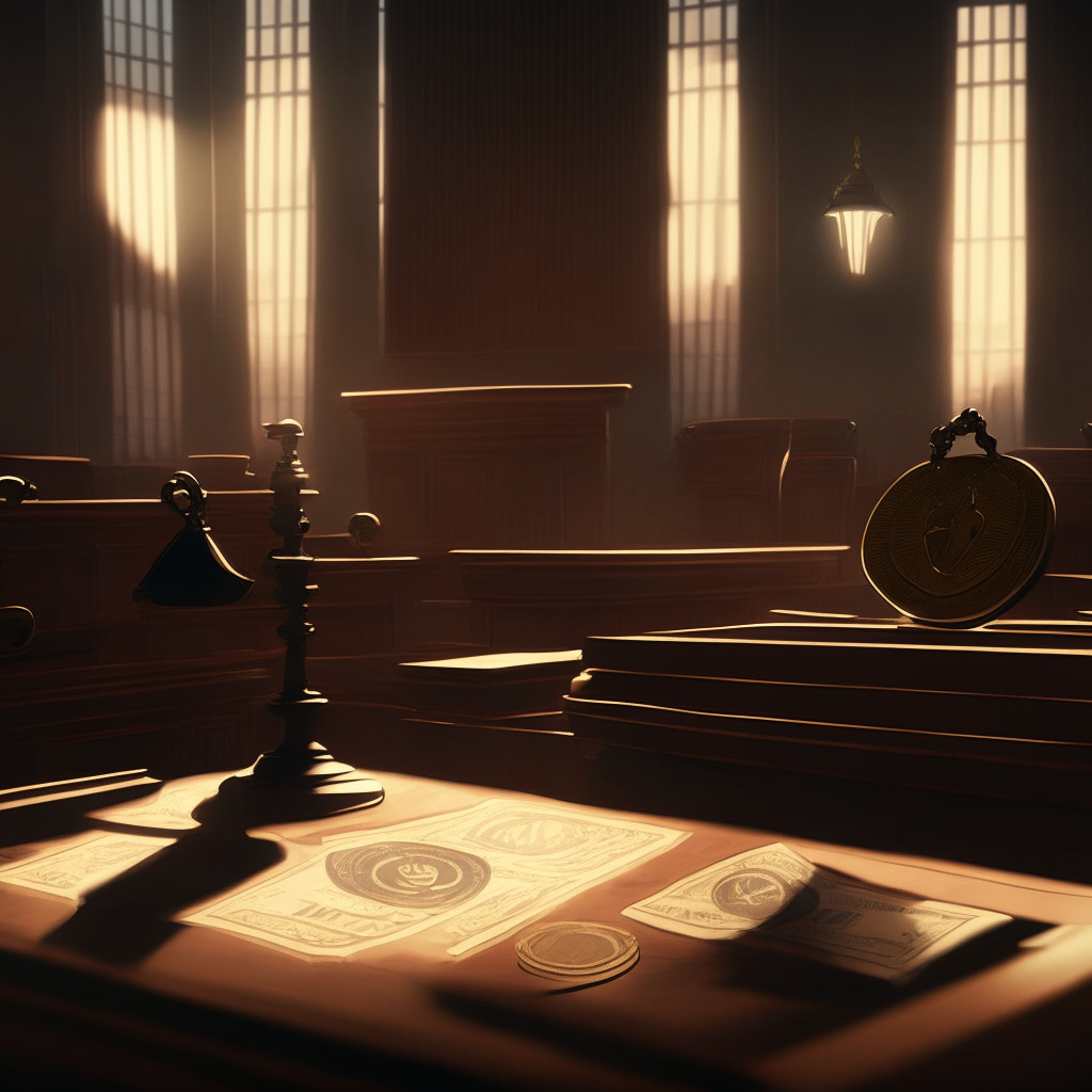 A moody courtroom scene illuminated by soft, diffused light. In the foreground, a symbolic gavel lies on a rich mahogany desk, emphasizing the judicial theme. Enigmatic shadows drape over cryptocurrency coins subtly placed in the background, hinting at the digital currency dispute. Reflect an abstract expressionist style, imbuing the scene with tension and ambiguity, mirroring the ongoing debate about cryptocurrency regulation.