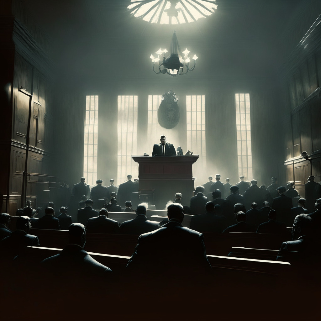 A courtroom filled with tension, with the imposing figure of a man named Richard Heart standing in the spotlight. Suits of governmental authority, representing the SEC, surround him, anger and accusation apparent on their faces. The scene is cast in the cold, hard light of justice and the environment crackles with charges of deception and fraud. The room is a visual representation of an unsettling narrative etched in shades of distrust, broken promises, and grim realization. Picasso-like elements give the image an abstract feel, denoting the complex and intricate crypto landscape. Mood of the image is somber and wary, highlighting the need for better regulations in the advancing world of cryptocurrency.