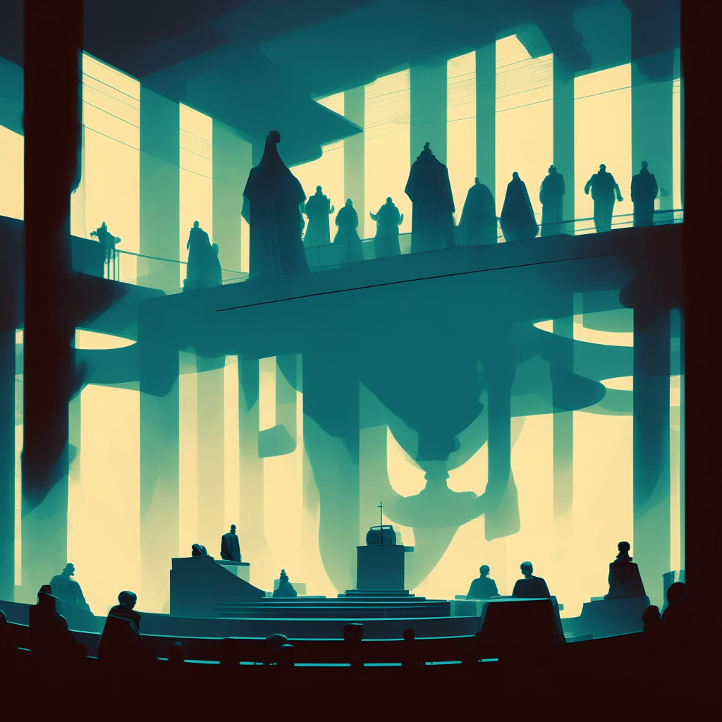 An abstract courtroom with a looming scale of justice, shrouded in hazy light, a symbolic XRP token in one side of the scale, a group of tiny, unsettled figures representing retail investors on the other. The overarching mood is ambiguous, with a vibrant yet unsettling palette hinting at a surrealistic artistic style. The background displays an abstract foggy, regulatory labyrinth.