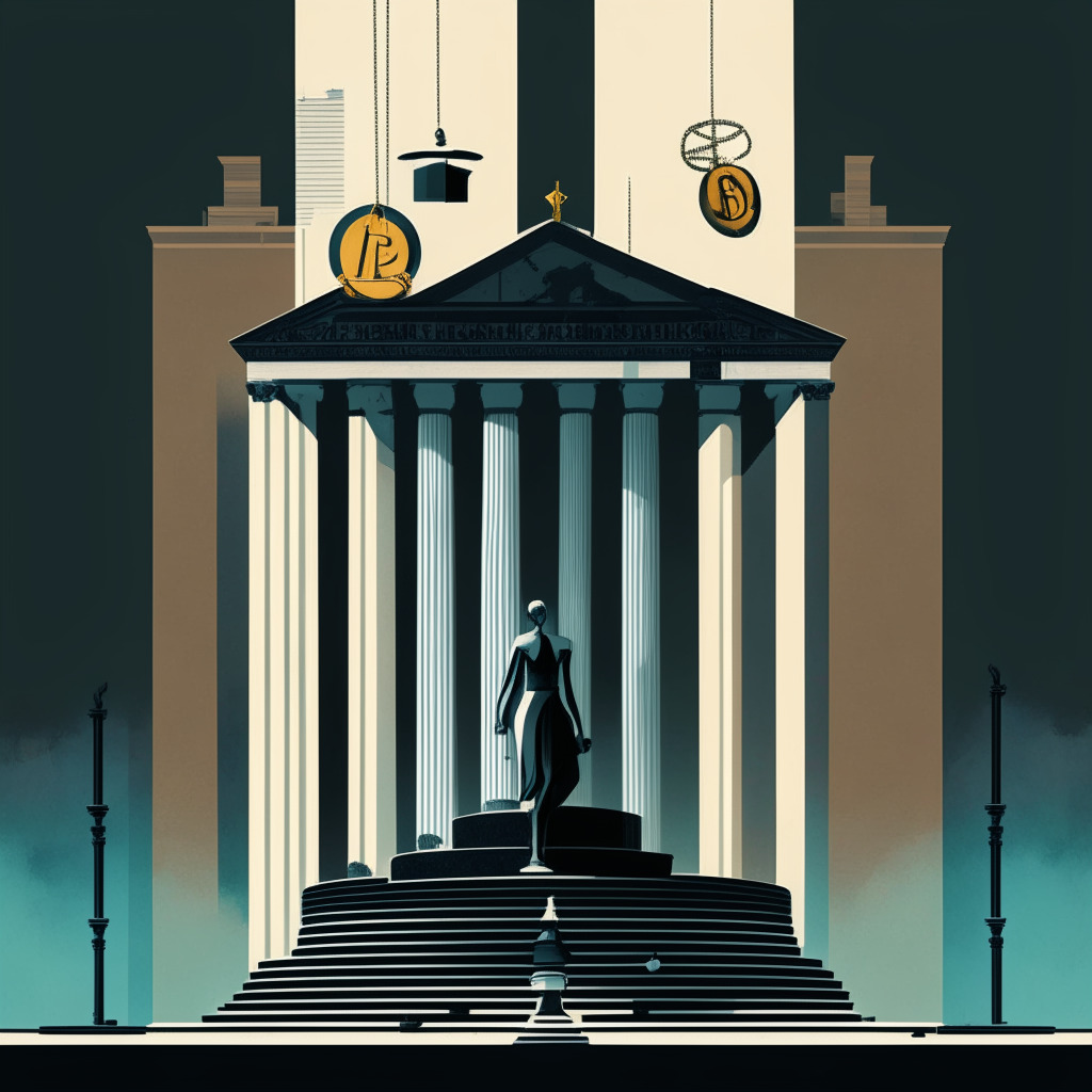 A powerful visual metaphor representing systemic imbalance in cryptocurrency regulation. Picture a larger-than-life scale on a classic government building backdrop, unbalanced, heavier on the side with a clear representation of traditional financial institutions, lighter with crypto startups. The mood is dark, mysterious, highlighting ambiguity in regulations, contradiction, and hypocrisy. Use semi-abstract style illustrate the nebulous future.