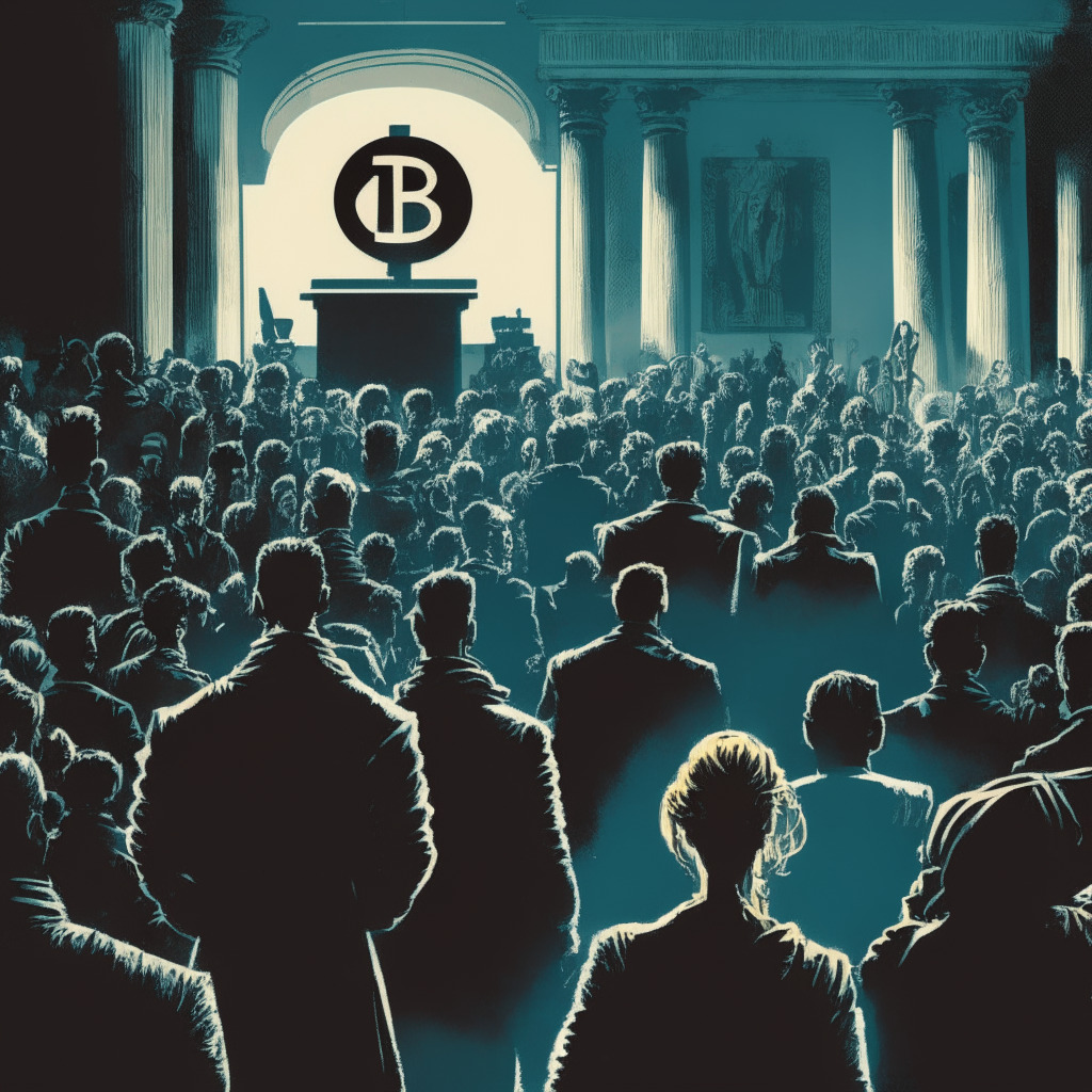A digitally illustrated courtroom-style scene cast in a dramatic, high contrast, noir-style lighting. In the centre, a heavy-set, vividly coloured Bitcoin symbol gripped tightly by a pair of disembodied hands. In the background, a diverse crowd of onlookers represents public appeal, their faces reflecting optimism and anticipation. A faint silhouette of a scale symbolizing the imminent judgement from the SEC, dominates the scene. Mood sets a tense, awaiting final verdict ambiance.