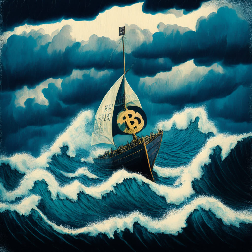 A turbulent ocean under a stormy sky, waves symbolizing a tumultuous crypto market. Seesaw and gavel representing the legal clash between SEC and Coinbase. Bitcoin on a resilient sailboat, hinting at its exemption. Painted in surrealist style, evoking a sense of unease and uncertainty.