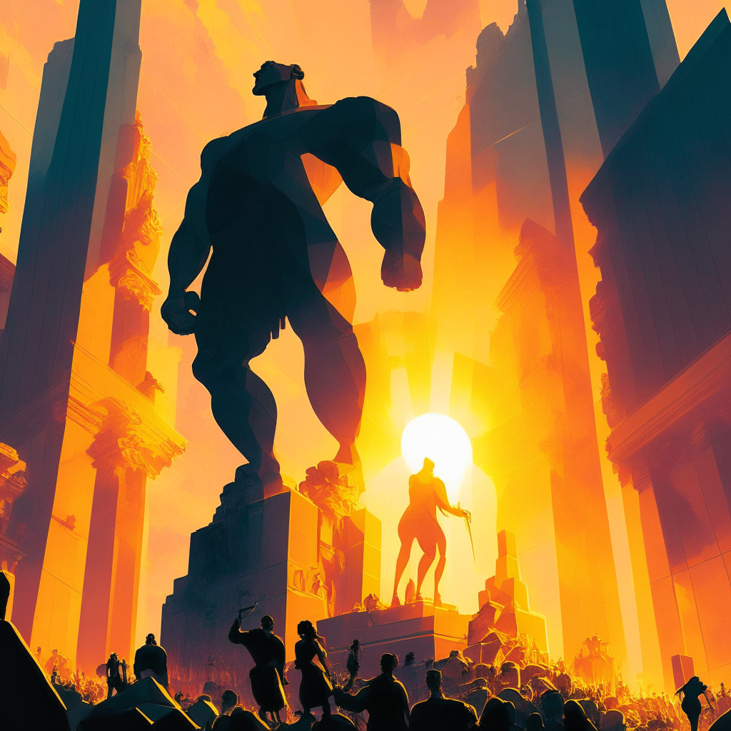 An imposing abstract representation of the SEC as a colossal stone statue, grimly presiding over a multitude of tiny, vibrant crypto exchange buildings, illustrating the conflict between regulation and innovation. The sunset lighting deepens the statue's stern features, while golden rays cast long, ominous shadows over the bustling exchanges. A mood of tense uncertainty looms over this intense scene.