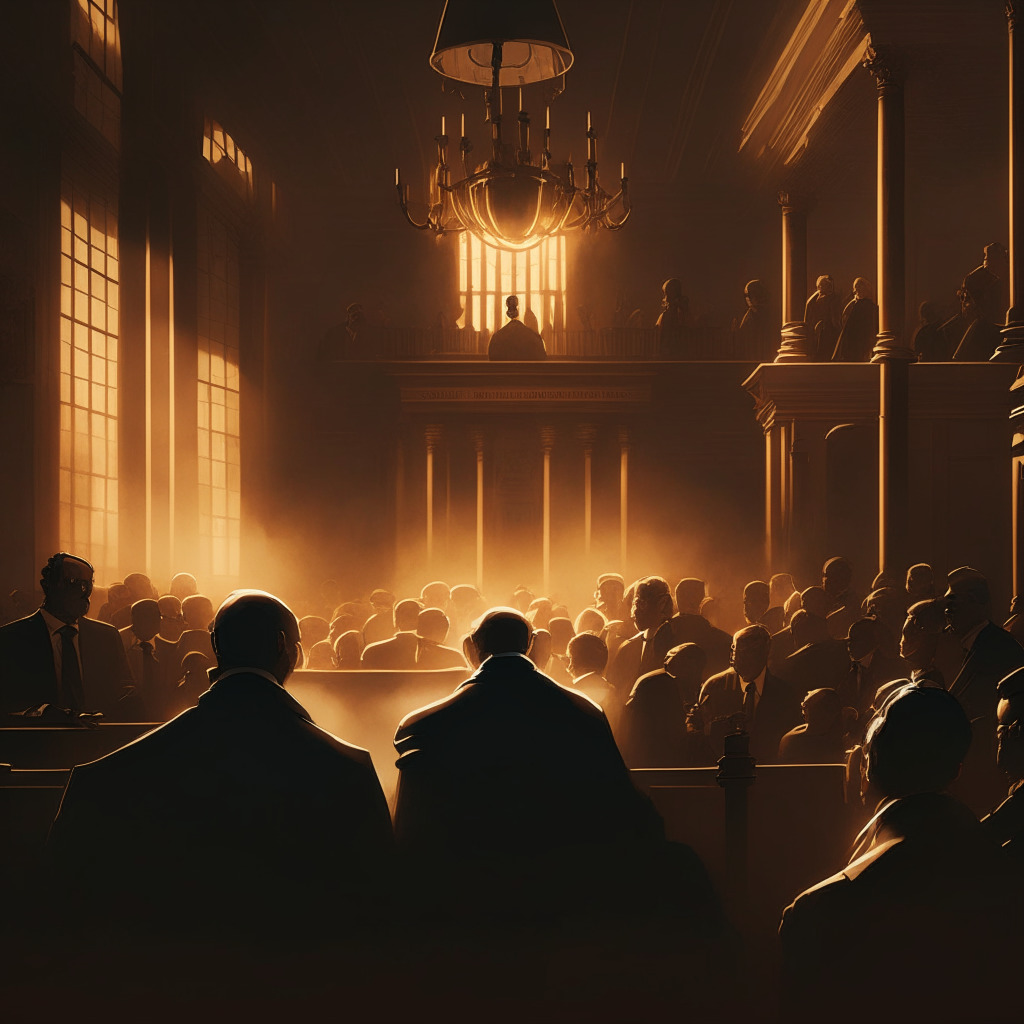 An intense courtroom drama under a dusky golden light, capturing the moment of unveiling a landmark ruling in a crypto regulation case. Use Baroque style with chiaroscuro techniques, illustrating the power shift and uncertainty in the economic landscape. The mood should be tense, yet foreshadowing a brewing revolution in crypto regulatory norms.