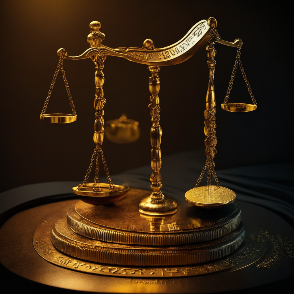 Dramatic image of a balance scale symbolizing tension, one side filled with gold coins representing crypto market and another side with a gavel representing the SEC. The colors should be bold and contrasting, invoking a mood of edgy tension. Lighting is metaphoric, with warm light shining on the side of crypto coins, and more dramatic, colder light on the side of the gavel. The style should resemble a dramatic courtroom painting. The overall impression should be of a pivotal moment of decision, evoking uncertainty, tension, and potential transformation in the crypto market.