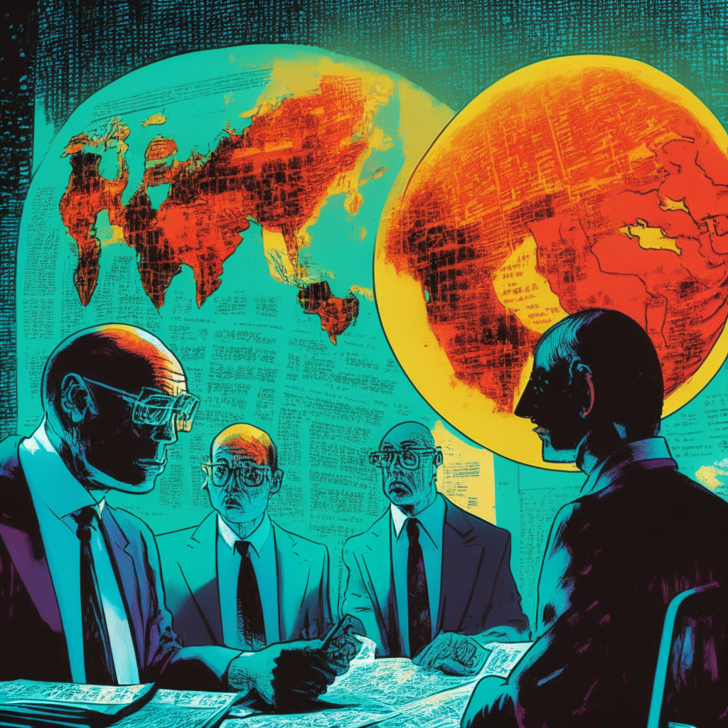 Dawn-lit chamber of global securities, Currency stalwarts evaluating opaque crystal ball revealing Bitcoin's trajectory, Ripple lawyer in the foreground branding critique on an ephemeral image of 'bad faith regulator'. Shadowy figures of SEC scribbling notes, concern etched on their faces. A graph of increasing Bitcoin prices faintly glows, in pop-art style.