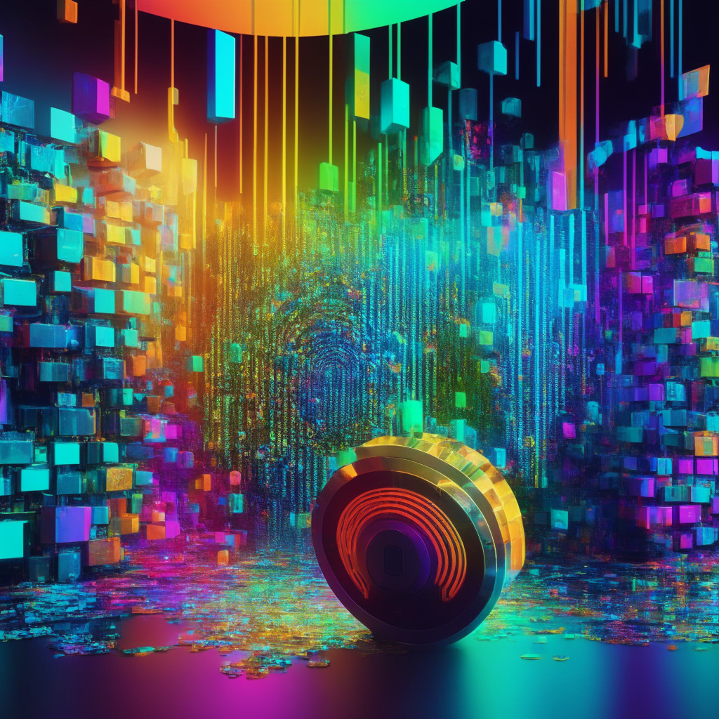 A vibrant, futuristic scene dominated by a cascade of different colors, representing encrypted cryptocurrency assets. Abstract yet ordered arrays of rainbows subtly portray complex security measures. Feelings of safety and innovation permeate the cryptic, technologically advanced image. Lighting is soft, casting every hue in an air of security. Interpretation hints towards a robust, colorful tool safeguarding digital currency.