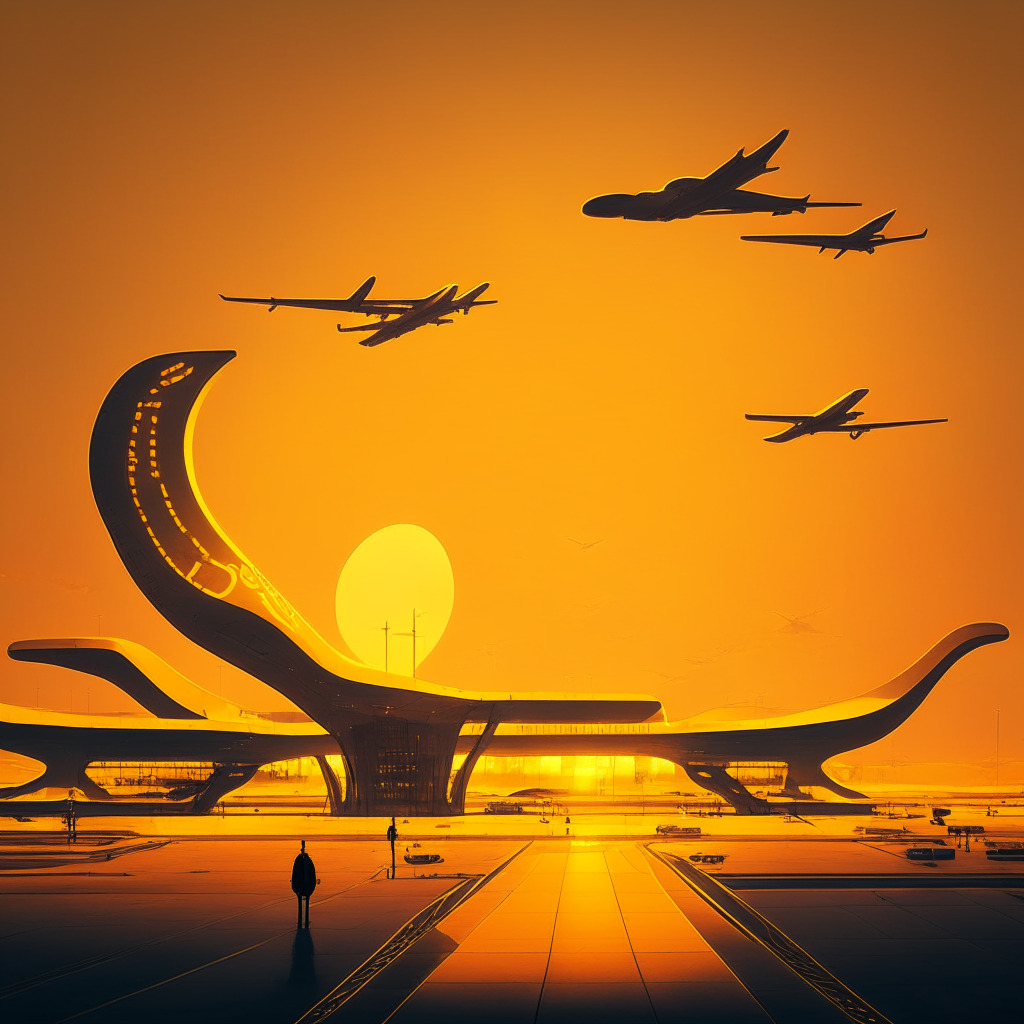 A futuristic view of an airport in China under the soft golden hue of sunset. A vibrant digital yuan symbol illuminated in the forefront, with airplanes, travellers, and various elements of aviation subtly integrated into the landscape. The ambience is buoyant, symbolizing reform and growth. But, in the shadowy corners, the spectral shape of a caution sign subtly lurks—denoting the risky hurdles within the world of cryptocurrency.