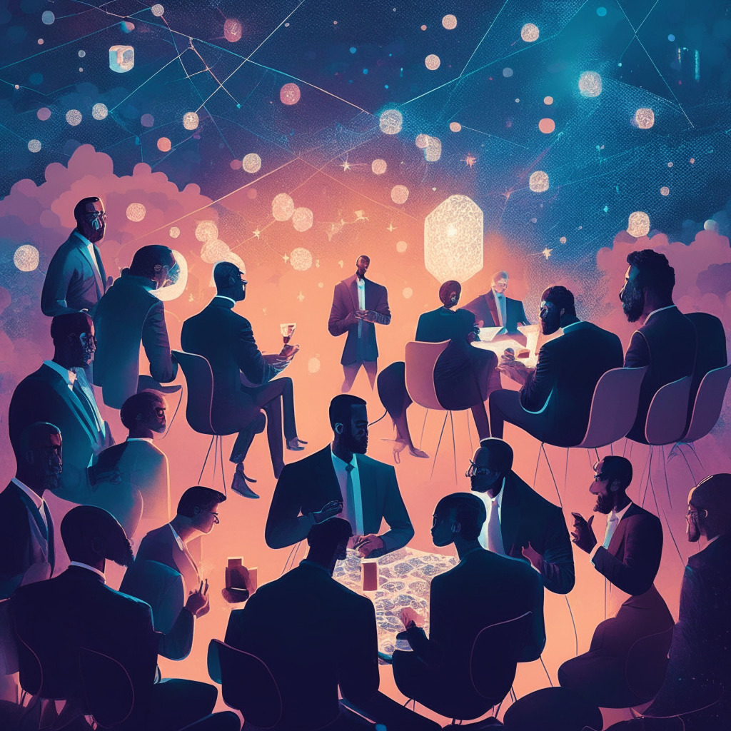An evening scene showing diverse group of financial experts engaging in a passionate discussion on cryptos, bathed in soft hues of anticipation & optimism. Interpretive representations of blockchain patterns shimmer like constellations, forming the backdrop. Mood: intrigue, progression.
