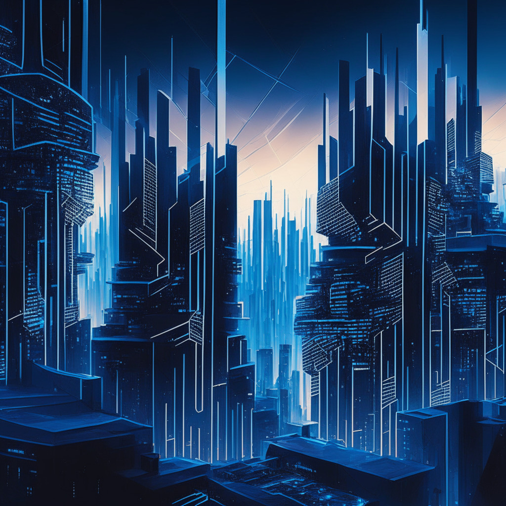 Twilight setting over a futuristic city, the architecture inspired by geometric patterns symbolizing zkEVM rollup Linea. Intricate nets of light coursing through the buildings showing the decentralized finance ecosystem. The mood is hopeful and dynamic, painted in a style reminiscent of blue monochrome. Innovation abounds with visual indications of Ethereum, cross-chain swaps and the fluid movement of data.