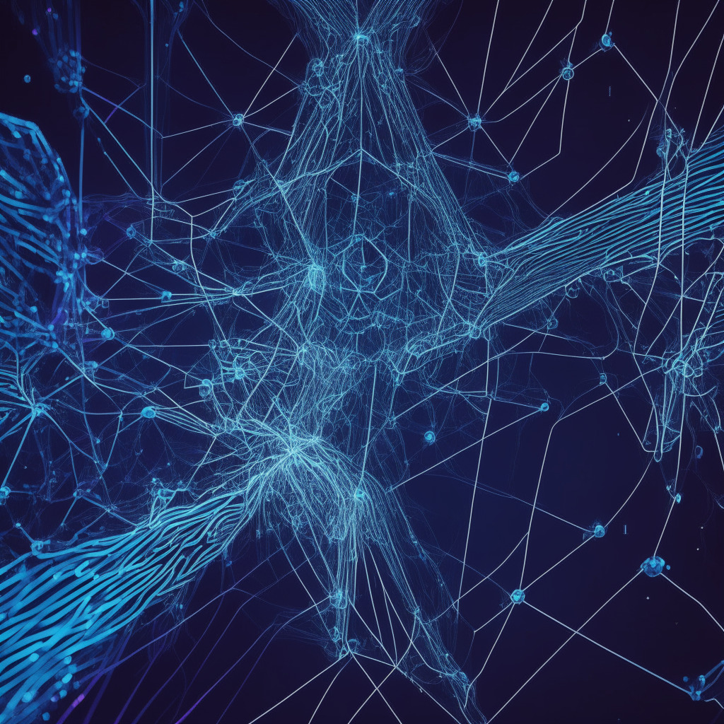 Dramatic representation of Ethereum's network captured as a vast, luminous, interconnected web, showing the emergence of Linea as a new radiant node. Extend the scene with digital data streams flowing fluidly, representing seamless interaction and scalability. Apply a futuristic, cyberpunk aesthetic, shifting the lighting from cool blues on Ethereum side to a warmer palette for Linea, reflecting innovation and progress. Mood setting: hopeful, ambitious, yet subtly cautious.