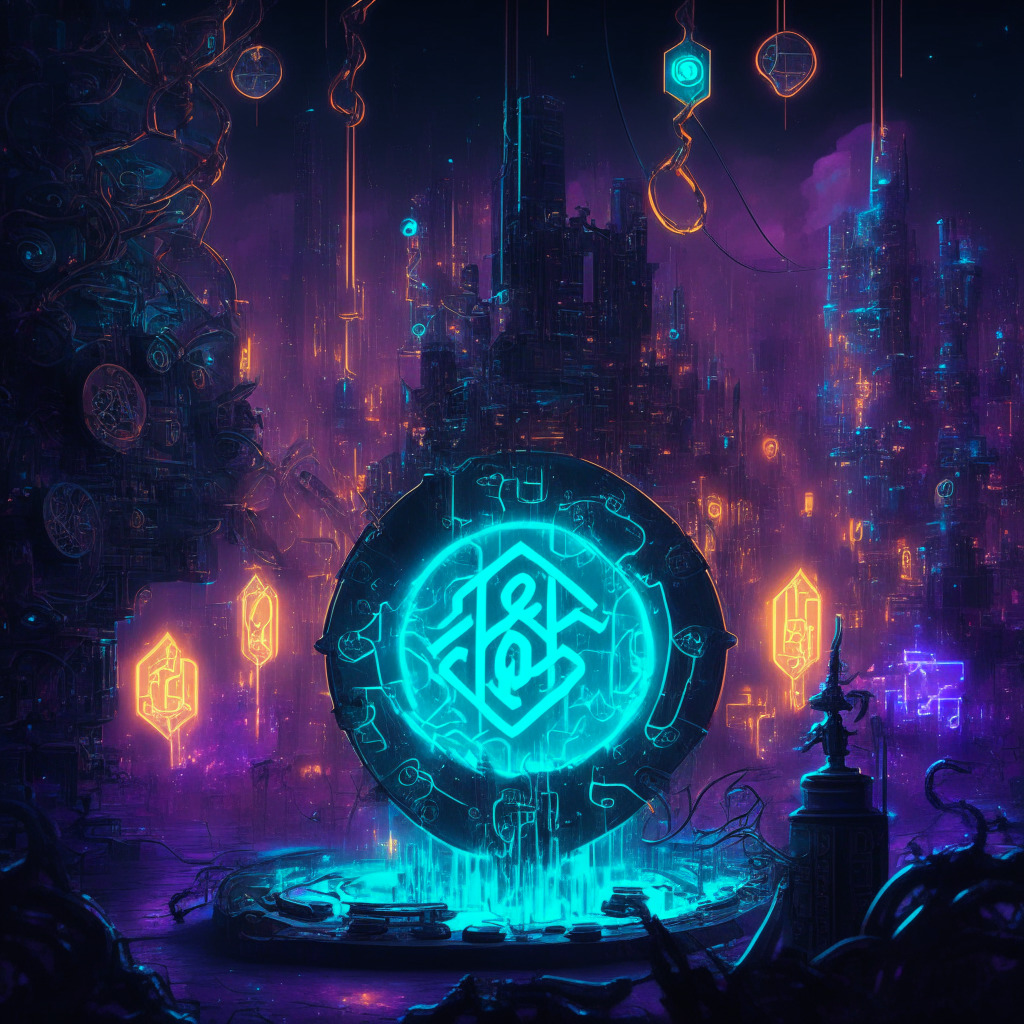 An intricate cyberpunk world lit by a moody, neon glow, where ghostly blockchain chains float in the background, encapsulating the idea of scam in crypto world. In the foreground, an ethereal, stylized depiction of gas tokens, with traces of deceit and fraudulent activity. Visible is a bold, symbolic shield, bathing in radiant light, representing the protective measures against scams.