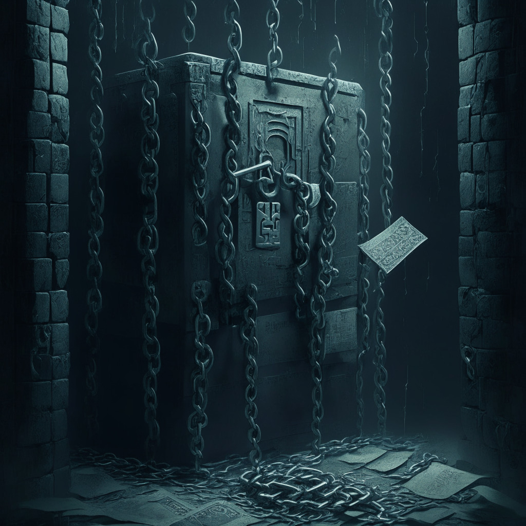 An ominous depiction of a paper cryptocurrency wallet, shackled by chains and embedded within a thick safe's walls, illusion of security shattered by ghostly hackers in the shadows. Thematic elements like stylized cryptographic key sequences, malice-laden breach in process; all bathed in a gloomy, desaturated hue, amplifying the sense of lurking danger.