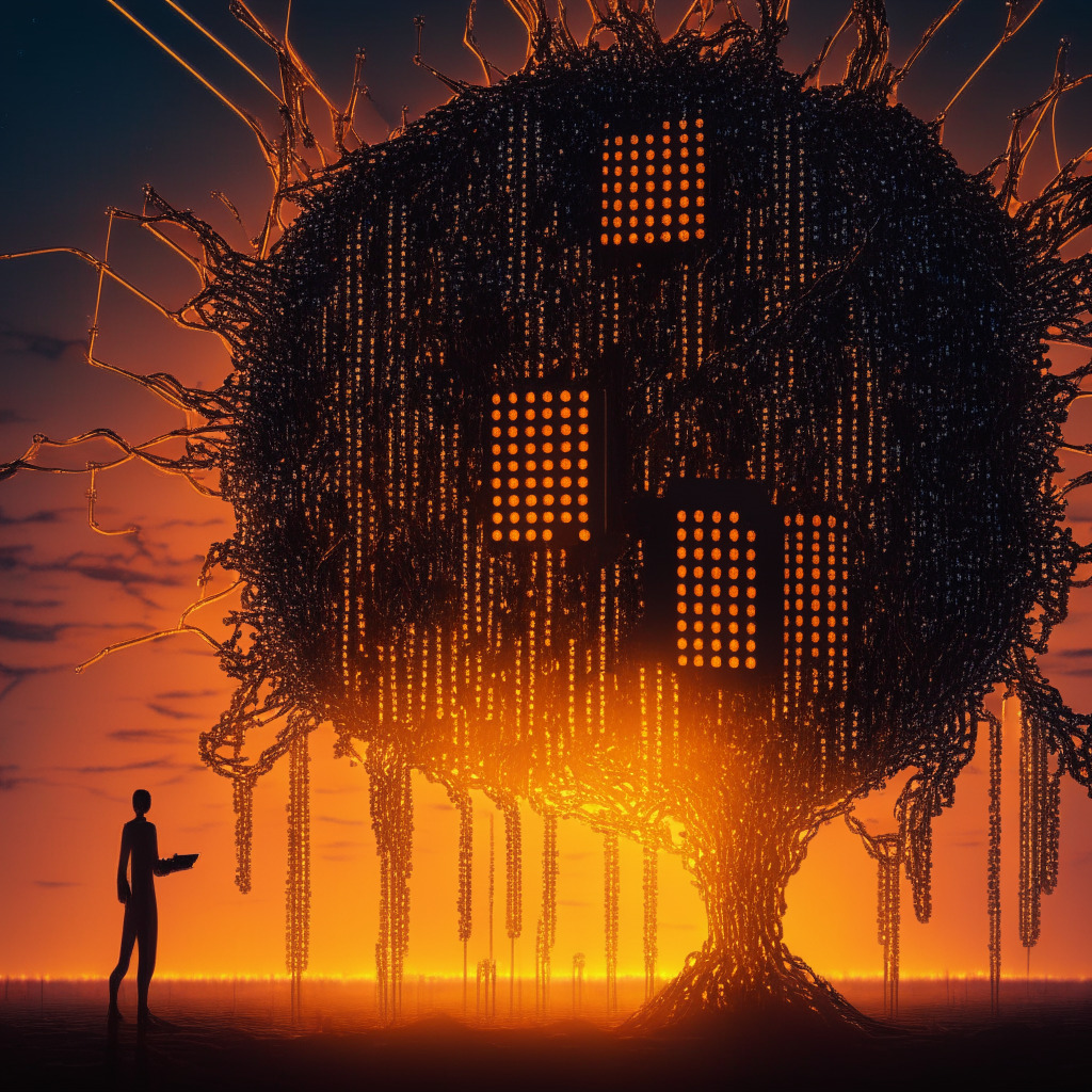 An intricate matrix of nodules representing computer nodes in a sunset-lit cyberspace. Cyberpunk-style aesthetics with validators radiating computational energy. A large, bronze 'hard fork' overshadowing the scene symbolizing the 'ZhangHeng' upgrade. A shadowy figure in the background evoking the guardianship of core developers and community members.