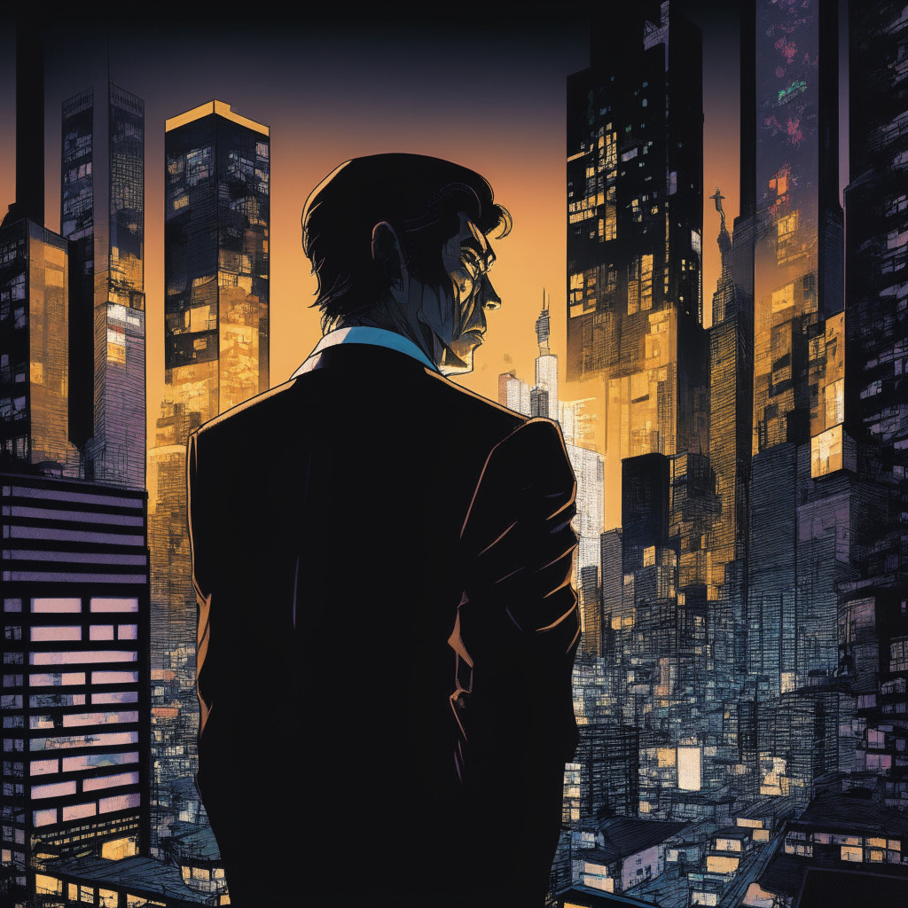 A sceptical executive from Sega turning away from a glowing, intricate blockchain, hinting at uncertainty about its future in gaming. The setting is twilight, casting long shadows over the sprawling city of Tokyo which represents the gaming industry. The artistic style blends realism with surrealism, capturing the tension between tradition and innovation. The mood is ambivalent, reflecting both caution and curiosity about blockchains' role in the evolving narrative of the gaming world.
