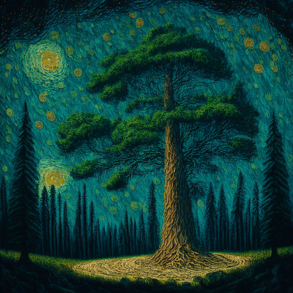 A monumental Sequoia tree standing tall in a forest with decreasing coins at the base, symbolizing reduced crypto investment. Scene is painted in the style of Van Gogh's Starry Night, the swirling, tumultuous sky represents unstable market conditions. The evening falls, portraying the mood as cautious optimism towards the inherent potential of the crypto universe.