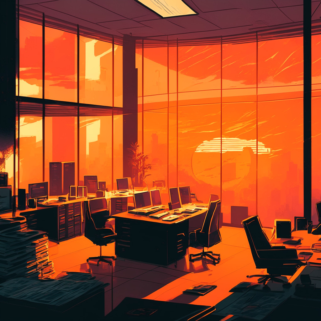 An expansive office with a holographic crypto stock market showing a sharp decline, a venture capital executive signaling rollback plans, in a contemporary painting style. The setting bathed in the warm, orange hue of a sunset, stressing the feeling of a transition phase. A subtle underlying tension and seriousness to reflect market turmoil.