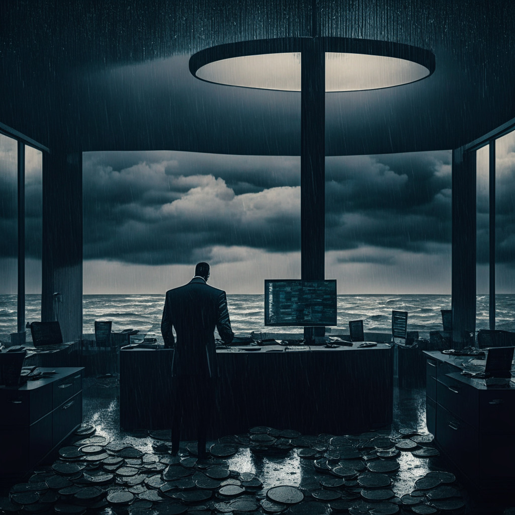 A dramatic scene at a crypto exchange office, with dark looming clouds outside shaping the mood. A lone worker, symbolizing potential layoffs inside a complex full of blockchain and binary code imagery. On their desk, ancient scales representing regulatory scrutiny, balancing distinct metallic coins. An unforgiving sea raging outside, representing the tempestuous crypto-market. Style: chiaroscuro to emphasize lights and darks.