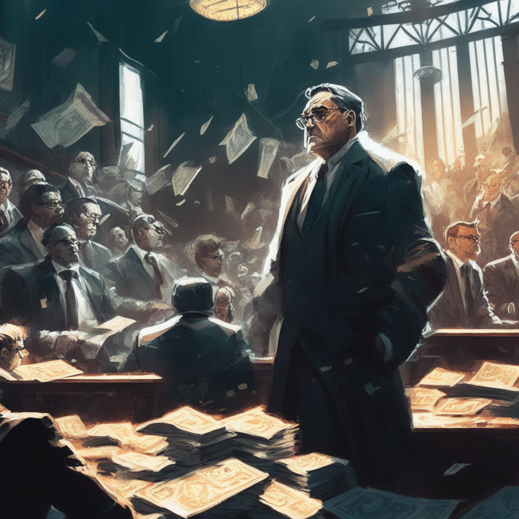 A chaotic courtroom, a stern judge representing SEC, stacks of cryptocurrencies in the background, a concerned businessman symbolizing the crypto industry. Artistic style: Impressionism. Lighting: Pronounced, stark contrasts of light and shadow emphasizing turmoil. Mood: Tense, uncertainty and apprehension.