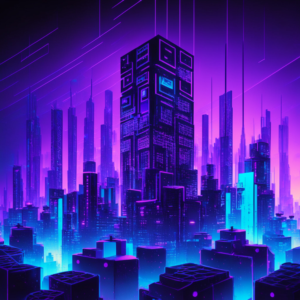 A futuristic cityscape at dusk lit with neon hues of purple and blue, reflecting the busy and ever-evolving world of cryptocurrency. Front and center is an abstract representation of a block chain, with blocks being-built and some halting symbolizing the new BNB Beacon Chain mechanism. The blockchain weaves into the base of a large, sturdy, yet elegant and symbolic ETF tower. Digital yuan coins flow smoothly in and out of a telecom shop, whilst non-internet connected transactions occur, hinting at China's innovative move. In a corner are figures, engaged in intense discussion over a high-tech spherical table, hinting at BitMEX's guild concept. Further down the scene, a robotic arm assembles AI robots aimed at a gaming console referencing Xterio's development. The mood is a complex mixture of anticipation, optimism, and caution, capturing the essence of the evolving crypto landscape.