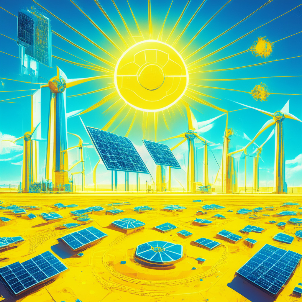 Conceptual illustration of a vast solar field intertwined with futuristic Bitcoin mining machinery under a bright afternoon sky, reflecting the dynamism of renewable energy infrastructure. The mood is optimistic and visionary, filled with vibrant colors of yellow and light blues. Meticulous design with a mix of cyberpunk and modern architectural aesthetics, suggesting adaptability, ingenuity and hope.