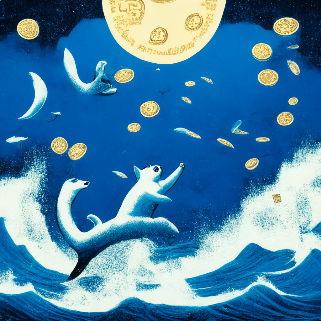 An energetic, surrealist painting of a cheerful Shiba Inu leaping over a rising tide of coins, underlined by blue shades of blockchain symbols. Ephemeral silhouettes of whales swim among the coins, illustrating market influences. Meme tokens represented by playful caricatures in the backdrop. Picture set in an optimistic moonlit night evoking a sense of anticipation.