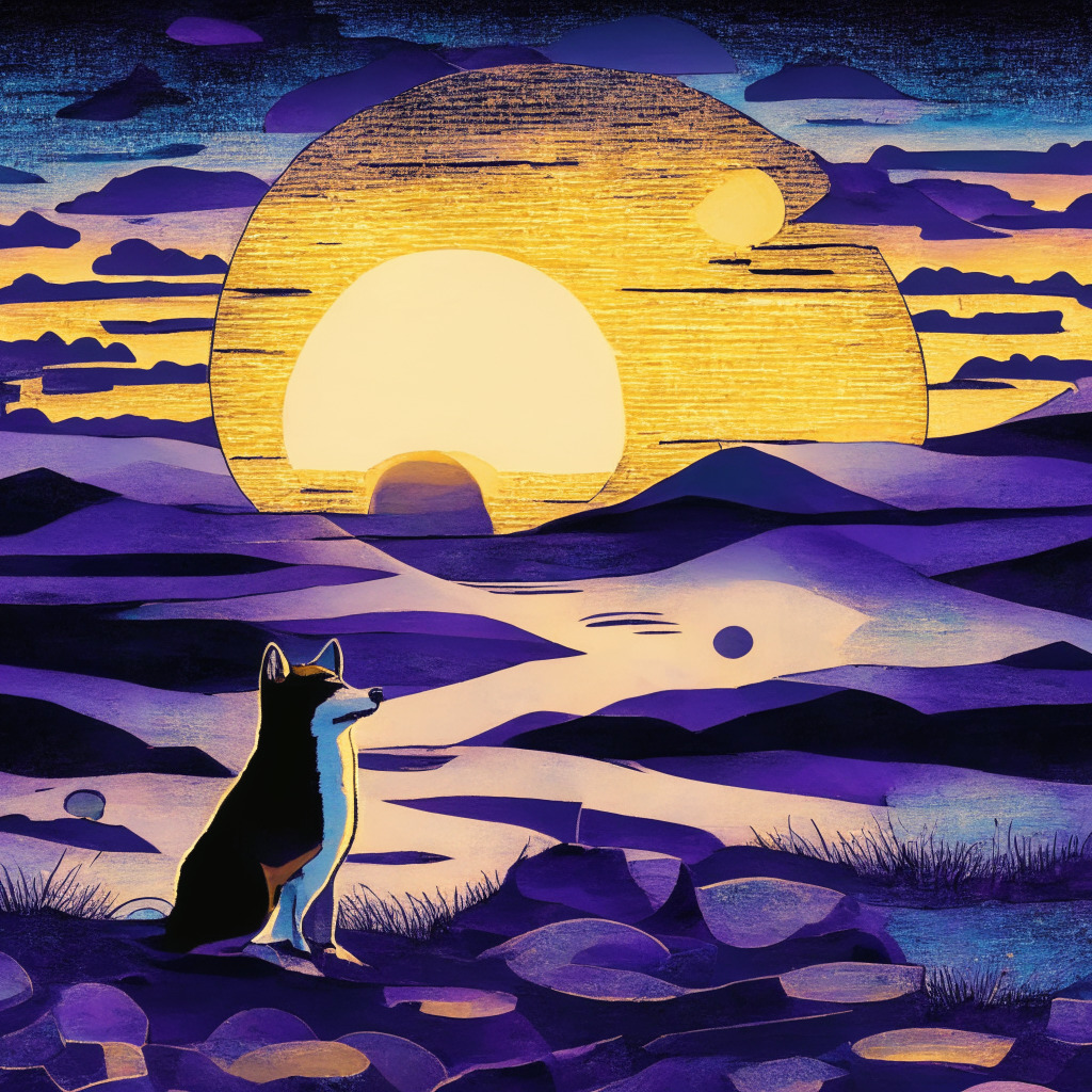 A gloomy, abstract landscape representing the cryptocurrency market, imbued with hues of purple and blue. The setting sun has the face of a Shiba Inu, its glow diminishing to symbolize its declining trend. A new sun, stylized as emerging meme token, rises in the background, reflecting investor shift in favor. Artistic style inspired by van Gogh's Starry Night, evoking a sense of impending change.
