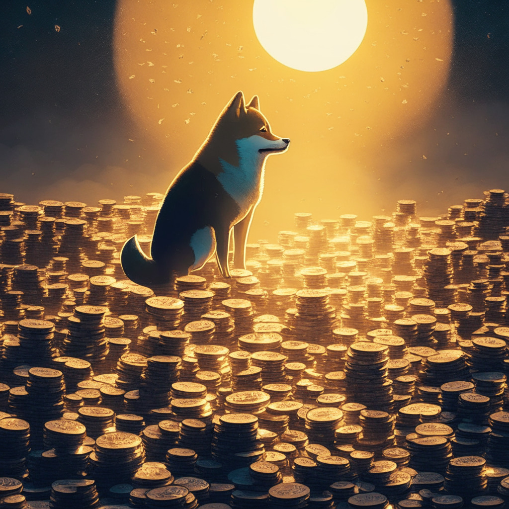 A mysterious investor overseeing a vast digital landscape filled with bitcoins. Ethereal background highlights the volatility of the crypto world. Moonlight illuminating millions of tiny Shiba Inu dog-shaped tokens, a symbol of the SHIB coin. Rays of sunrise glancing off piles of large coins stashed in several new digital wallets, representing a holding-centric strategy.