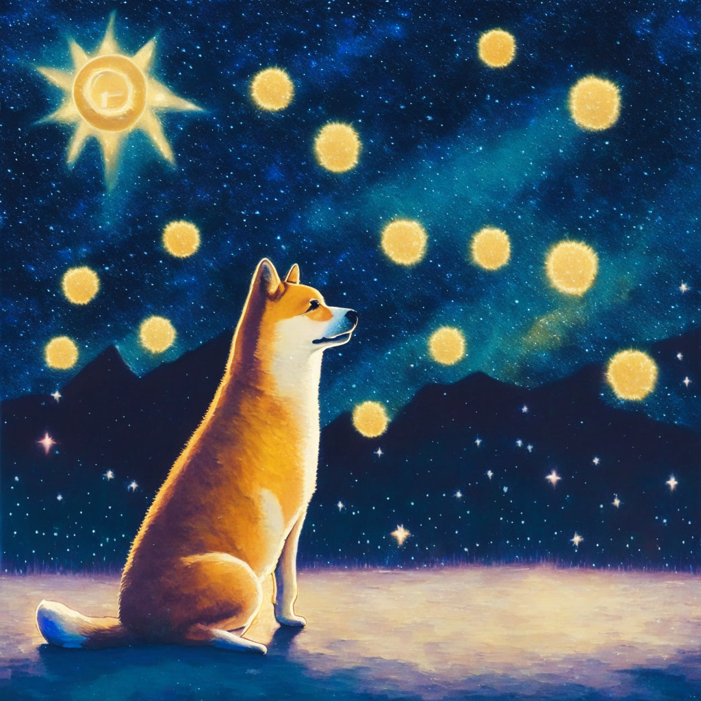 A whimsical representation of the crypto market, with the Shiba Inu dog looking pensively at a glowing but distant star (Bitcoin) in the night sky. Emerging meme tokens, represented as smaller, brilliantly coloured stars are outshining SHIB. Convey the subdued light setting, soft pastel colours, a mood of melancholy yet silent anticipation. Artistic style: Impressionist.
