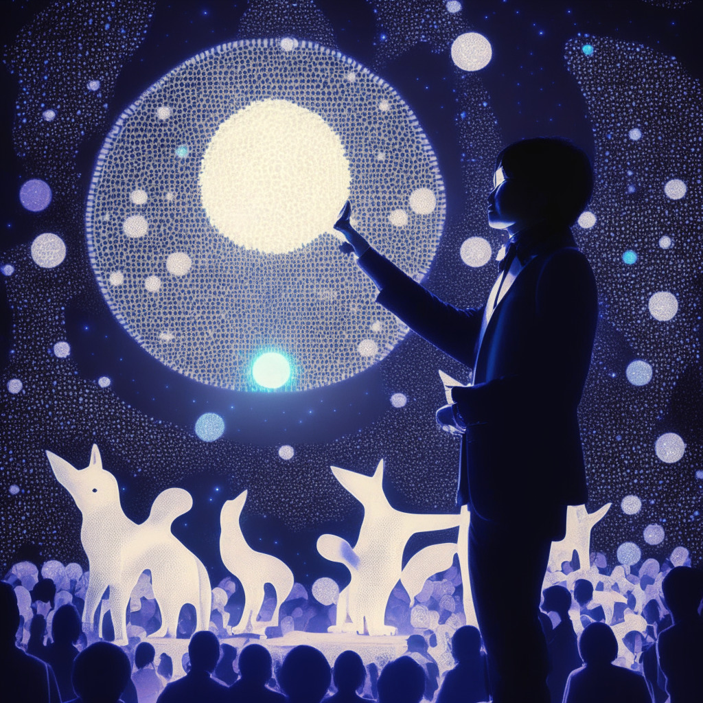A symbolic representation of the Shibarium launch, under ethereal moonlight. The Shiba Inu top developer, Shytoshi Kusama, pictured as a futuristic hologram, giving a speech with elements of AI. Fleeting impressions of blockchain, metaverse and tokens, all in a ethereal, soft-glow art nouveau style. The scene, suffused with anticipation and a tinge of skepticism.