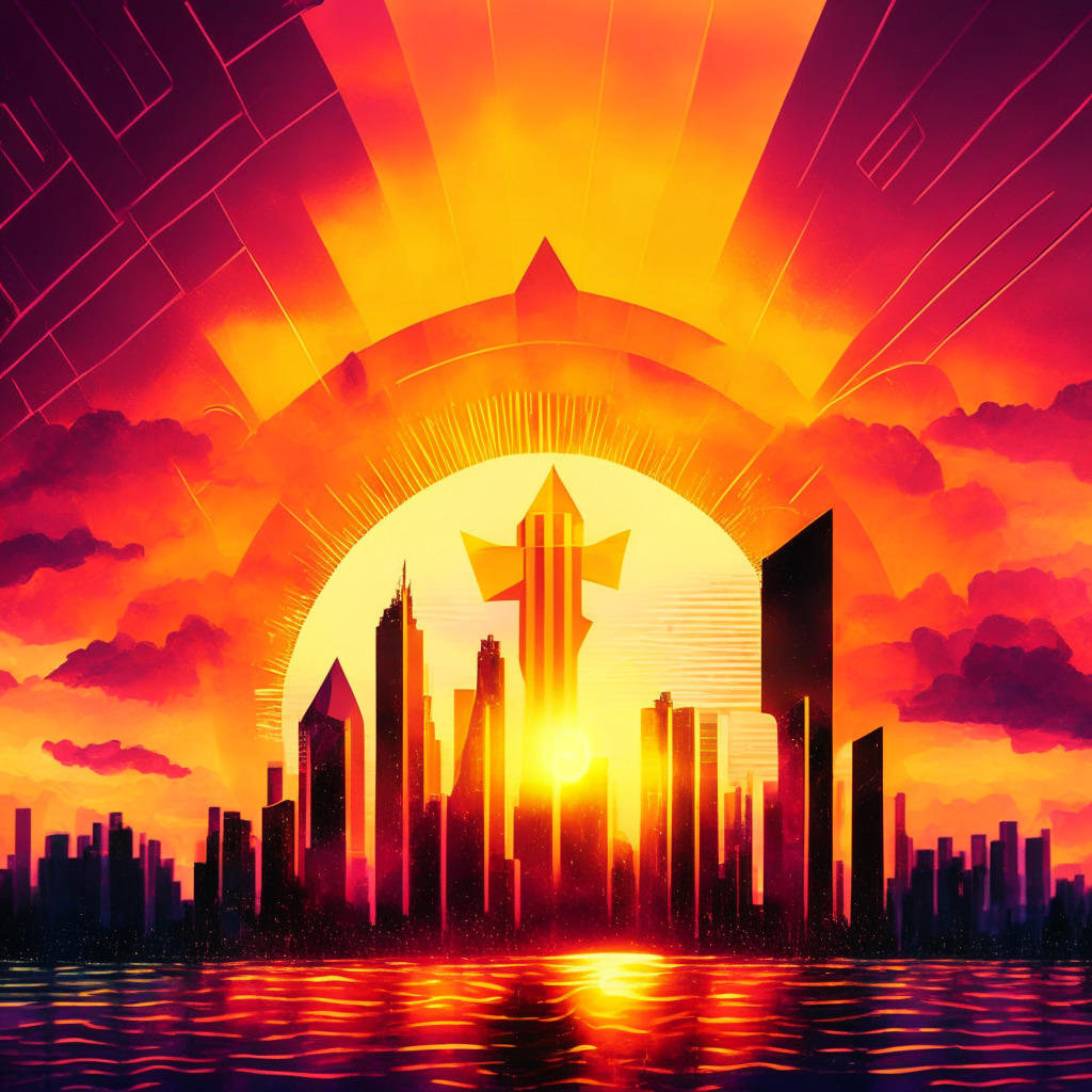 Dramatic sunset over a futuristic cityscape symbolizing a digital world, metamorphic representations of the US dollar fading into oblivion, a radiant shining bitcoin rising akin to a sun. Invoke an air of tension and optimism through warm, bold colors. Highlight Bitcoin overcoming scalene triangle-shaped obstacles symbolizing resistance levels.