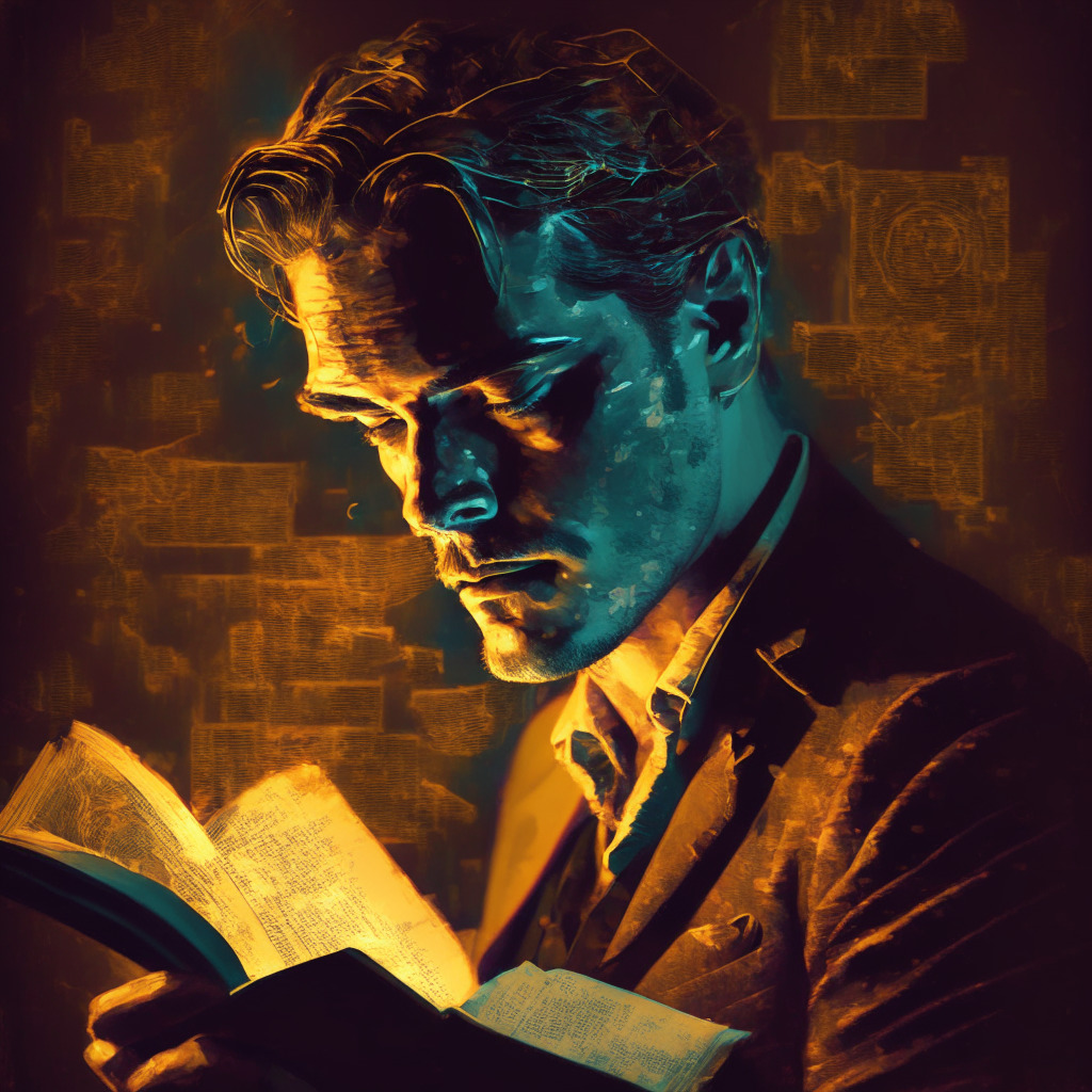 A vintage Hollywood-style portrait of actor-turned-crypto-critic, bathed in a dramatic mix of warm and cool lights. He's pensively leafing through his anti-crypto book with a backdrop of abstract cryptocurrencies. The image flickers with tension, capturing the actor's controversy and skepticism, yet the undercurrent of potential benefits cryptos bring.