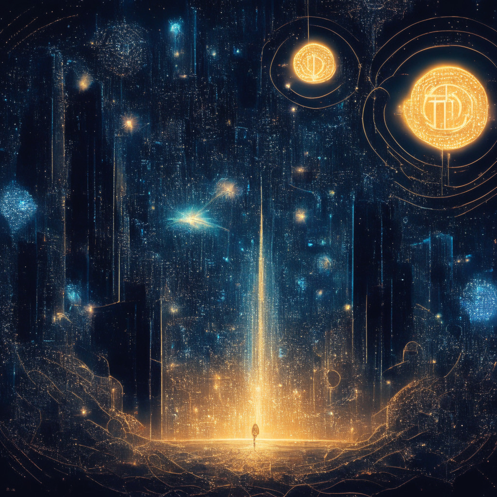 An intricate digital universe lit by the glow of binary streams, stars symbolizing Bitcoin and Ethereum journeying away from a darkened cityscape symbolizing exchanges to brighter, private vaults signifying self-custody. Intersperse with indications of falling transaction cost and increasing on-chain activity. The scene should evoke a sense of transition, optimism, and liberation.