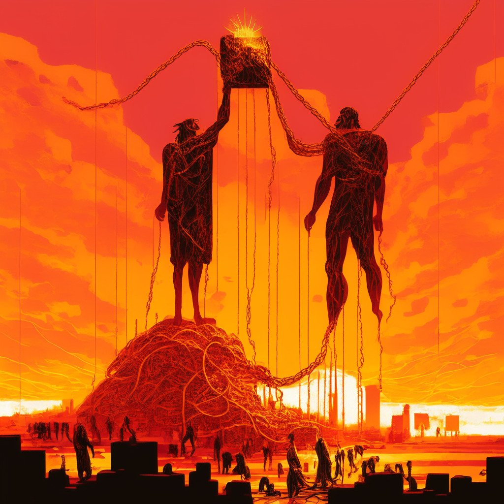A dystopian scene with two enormous, abstract figures representing Twitter & Threads, under a crimson sunset sky. King Midas is seen touching social media users, turning them into gold, reflecting the cost incurred by them. Chains of data appear like golden threads flowing between the platforms and a distant, glimmering castle represents the missed blockchain opportunity. Mood: somber, intense, dramatic. Style: cyberpunk.