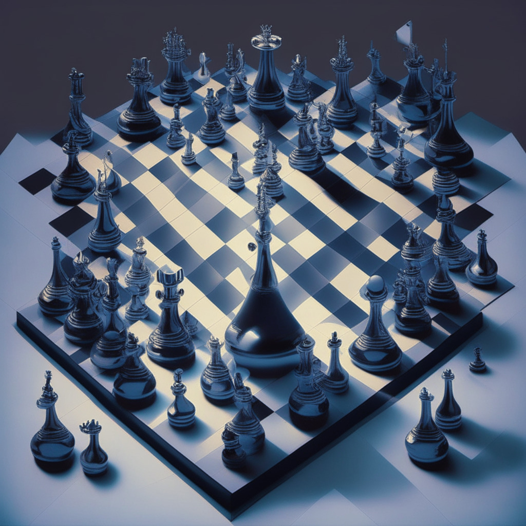 An intricate chessboard with futuristic pieces representing diversification strategy. Chess pieces are styled in a cubist art fashion reflecting Meta, Robinhood, and Coinbase. The setting is twilight, casting long shadows, indicating uncertainty, transformation, and strategic maneuvers. The moody tone represents the dramatic shift in investment trends.