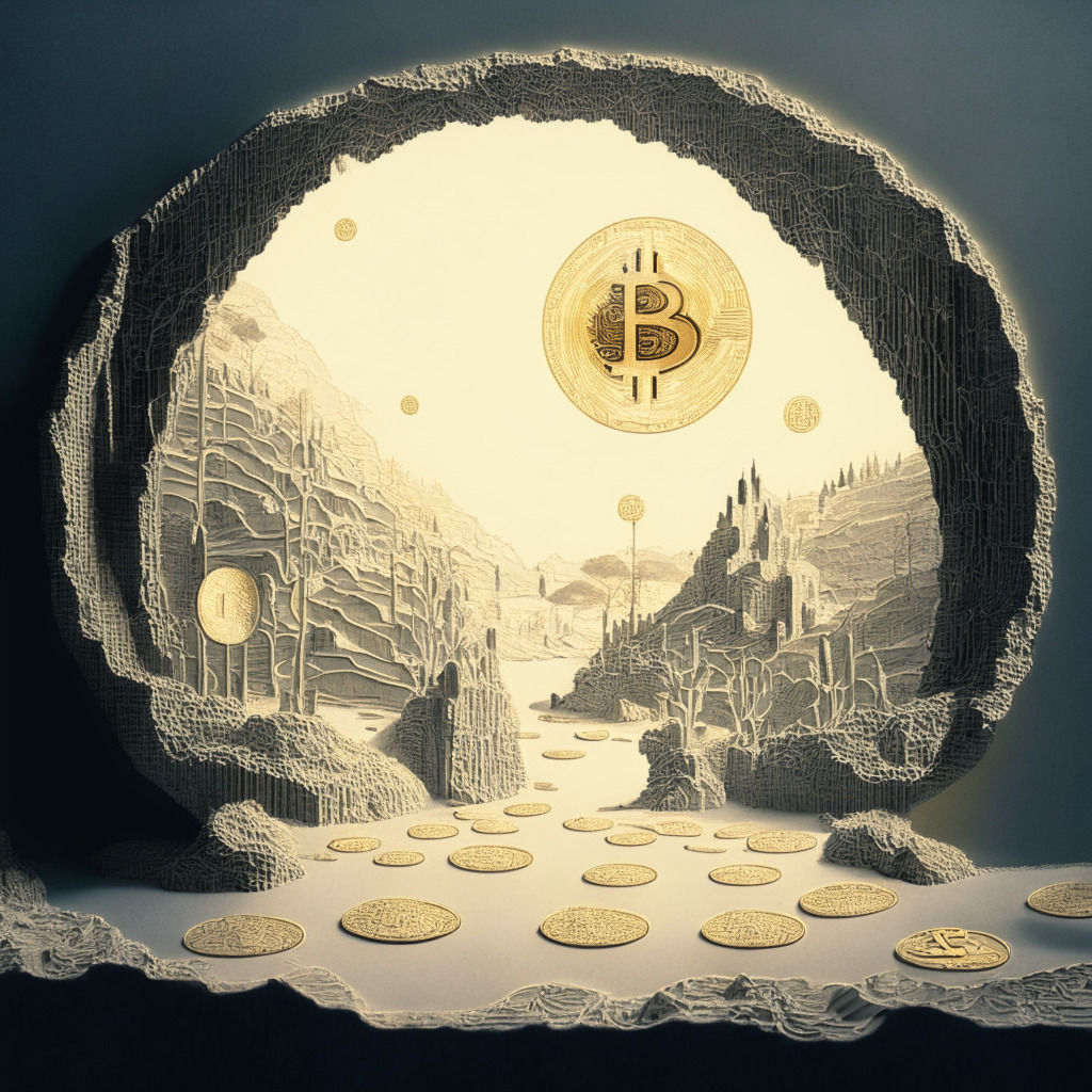 An intricate, Dali-like landscape transitioning from Bitcoin to Bitcoin options, depicting the calm lo-fi mood in the crypto market under soft, greyish lighting. On one side, Bitcoin coins losing their shine symbolising the lower volatility of the market. On the other, a portal opens leading to Bitcoin options represented as rising gilt-edged paper contracts shimmering in the hope of higher yields. The main emphasis, a balance scale with coins on one side and contracts on the other. The atmosphere is cautiously optimistic.