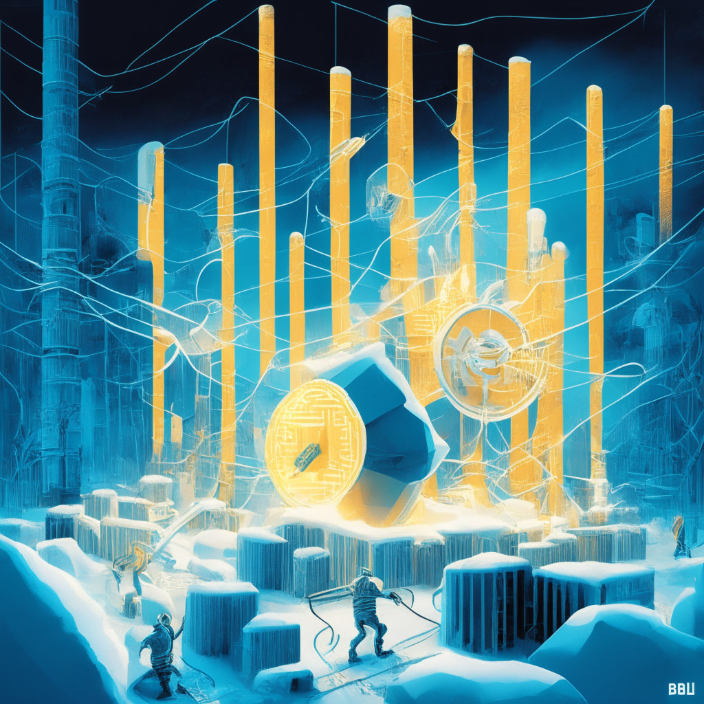 A digital artwork representing the barbell layout of the crypto market. One end represents infrastructure in icy winter blues, with scenes of construction and hardy workers, lit in the soft white glow of resilience amidst turbulence. On the opposite end, exuberant colors and golden light portray the rise of gaming, full of tokens, digital assets, and active users. The rod connecting both ends symbolizes the Web3 technologies. The art style harks back to the impressionist era, denoting the innovative spirit. The mood represents a cautious hope in the unfolding story of Shima Capital.
