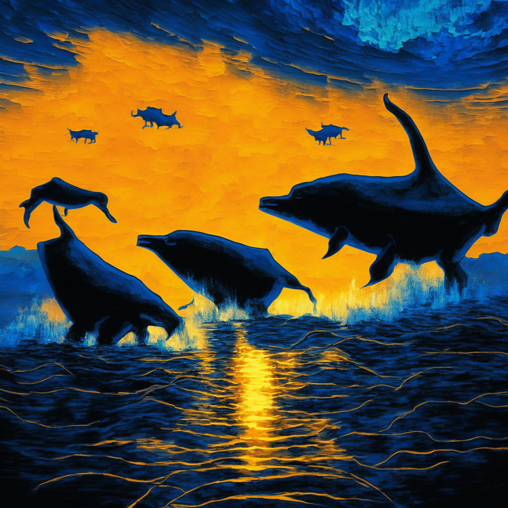 An abstract composition representing the concept of Bitcoin supply dynamics leading towards true price discovery, a conversation between bulls and bitcoin whales met under the twilight sky, symbolizing a shift in control. Atmospheric shadows coupled with fiery streaks of gold and electric blues mix in an impressionist style, depicting increased control and safety, evidencing the undulating, yet constant move of bitcoin from exchanges to wallets. The image oozes mystery, intrigue, and anticipation.