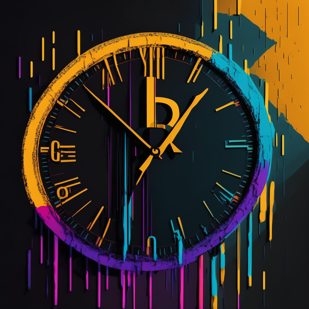Abstract representation of cryptocurrency regulations, Mood dark and stern, Bitcoin fading into shadow, symbolizing the closure of a loan program, Highlight of forex symbolizing fiat loans, contrast between vibrant and dull colors for transformation, Subtle representation of a clock indicating time for loan repayment, Modernistic, digital-art style.