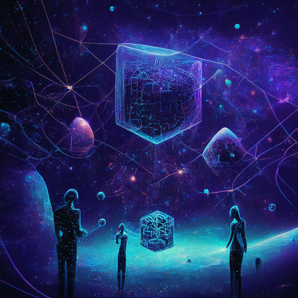 A digital Cyberscape afloat in cosmic space, highlights the intertwining binary codes symbolizing complex simulations. Mysterious, dark setting punctuated by star-like server glimmers creates intrigue. Cubistic human figures ponder over ethereal, vibrantly-colored virtual earth with connected nodes to convey deeper philosophical discourse. Mood: Surreal yet Contemplative.
