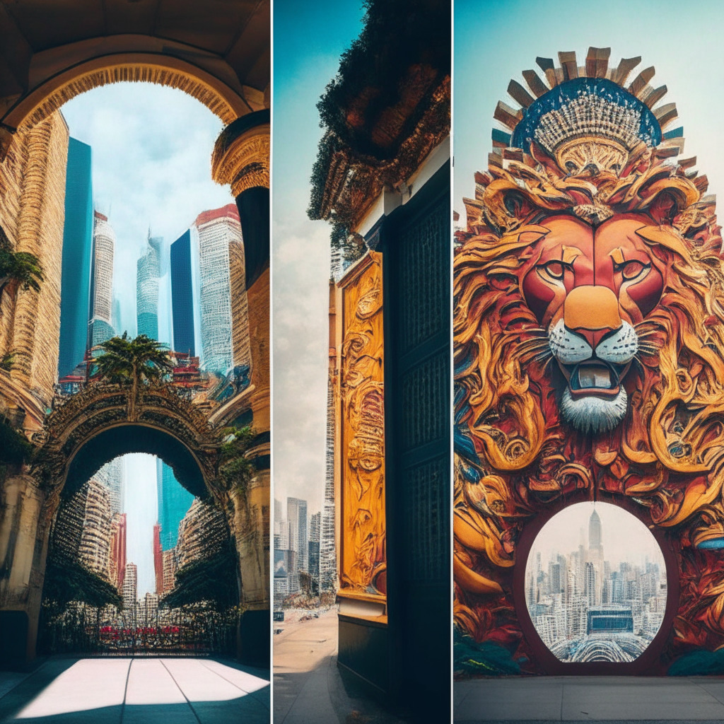 An intricately detailed image split into two contrasting scenes, Lion City, Singapore on the left characterized by a towering shield signifying protection and regulation, imbued with a soft, glowing and secure ambience. On the right, Hong Kong depicted with doorways opening up, represents inclusivity and participation, bathed in vibrant, energetic light. Both cities are adorned with subtle hints of blockchain design, both scenes painted in the expressive, semi-abstract art style. The mood is a dynamic fusion of caution and invitation, symbolizing their differing but complementary approaches to crypto advancement.
