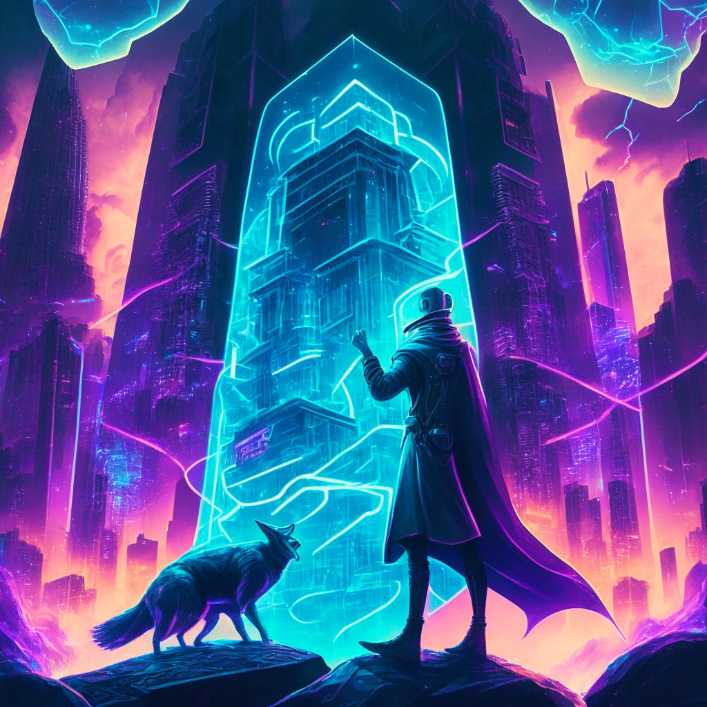 An allegorical scene of the Monetary Authority of Singapore, portrayed as a vigilant gatekeeper, standing firm in a neon-lit, futuristic city scape representing the evolving crypto landscape. The gatekeeper is holding a transparent, impenetrable shield symbolizing a statutory trust, aiming to safeguard miniature, ethereal figures symbolizing customers from impending cloud storms, representing the volatile digital assets. The city is illuminated with multiple lights, setting an ambivalent mood of apprehension, mixed with intrigue and curiosity.